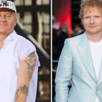 Montage photos (de gauche à droite) : Le rappeur anti-Israël Macklemore participant à la série de concerts d'été « Good Morning America » de la chaîne ABC à Central Park, à New York, le 22 juillet 2022 ; Ed Sheeran assistant à la première du film « F1 The Movie », à Londres, le 23 juin 2025. (Crédits : AP Photo)
