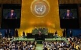 Le président américain Donald Trump prend la parole lors de la 81e session de l'Assemblée générale des Nations unies, au siège de l'Organisation, le 22 septembre 2026. (Crédit : AP/Seth Wenig)
