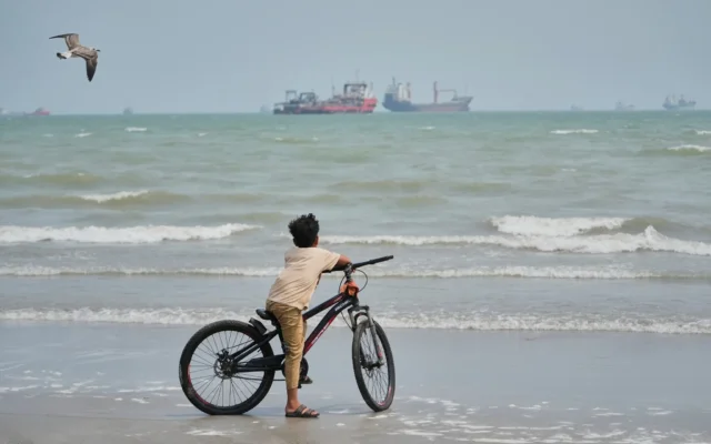 Une mouette vole au-dessus d’un garçon debout près de son vélo sur une plage surplombant des navires commerciaux ancrés dans le détroit d’Ormuz, au large de Bandar Abbas, en Iran, le 7 septembre 2026. (Crédit : Vahid Salemi/AP)