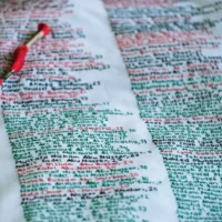 Un détail de la tapisserie Stitch Their Names, sur laquelle figurent les 16 800 noms des personnes tuées lors de la guerre entre Israël et le Hamas, tirés du registre du ministère de la Santé de Gaza, dirigé par le Hamas, sur une photo non datée. (Crédit : Projet Stitch Their Names)