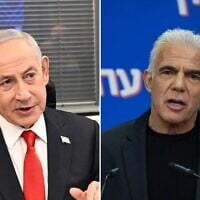 Montage photos (de gauche à droite) : Le Premier ministre Benjamin Netanyahu, aux quartiers généraux de l'armée israélienne, à la Kirya, le 17 mars 2025 ; le député Yair Lapid, chef de file de l'opposition et président du parti Yesh Atid, présidant une réunion de son groupe parlementaire, à la Knesset, à Jérusalem, le 23 mars 2026. (Crédits : Haim Zach/Service de presse du gouvernement ; Yonatan Sindel/Flash90)