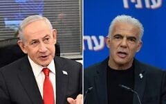 Montage photos (de gauche à droite) : Le Premier ministre Benjamin Netanyahu, aux quartiers généraux de l'armée israélienne, à la Kirya, le 17 mars 2025 ; le député Yair Lapid, chef de file de l'opposition et président du parti Yesh Atid, présidant une réunion de son groupe parlementaire, à la Knesset, à Jérusalem, le 23 mars 2026. (Crédits : Haim Zach/Service de presse du gouvernement ; Yonatan Sindel/Flash90)