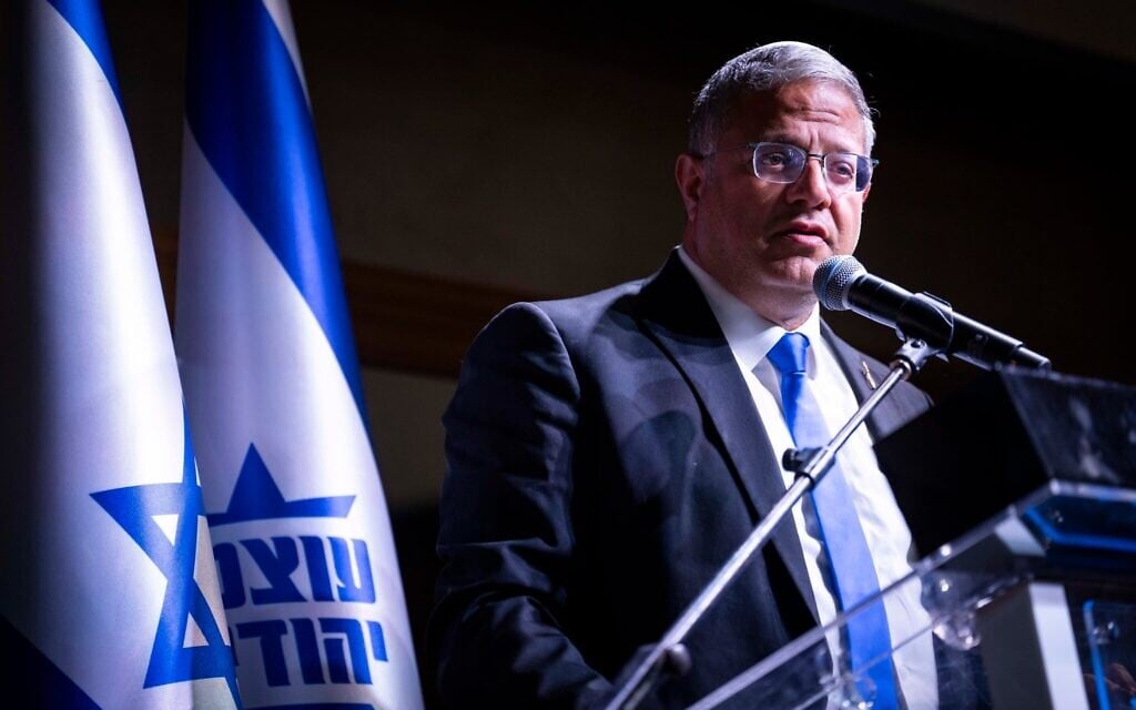 Itamar Ben Gvir, président du parti Otzma Yehudit et ministre de la Sécurité intérieure, participe à un rassemblement de ses partisans à l'approche des prochaines élections législatives, à Netanya, le 1er septembre 2026. (Crédit : Erik Marmor/Flash90)