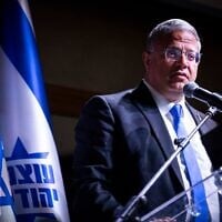 Itamar Ben Gvir, président du parti Otzma Yehudit et ministre de la Sécurité intérieure, participe à un rassemblement de ses partisans à l'approche des prochaines élections législatives, à Netanya, le 1er septembre 2026. (Crédit : Erik Marmor/Flash90)