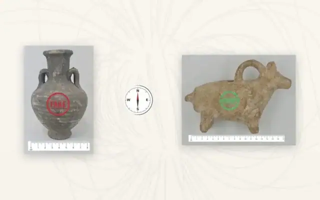 Un souvenir vendu à Jérusalem et un vase authentique en forme d'animal. (Crédit : Yoav Vaknin et Lisa Tauxe)