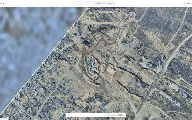 Des images aériennes datant de 2025 publiées par govmap.gov.il montrant une base militaire israélienne dans les zones non floutées de la bande de Gaza nord. (Crédit : govmap.gov.il)