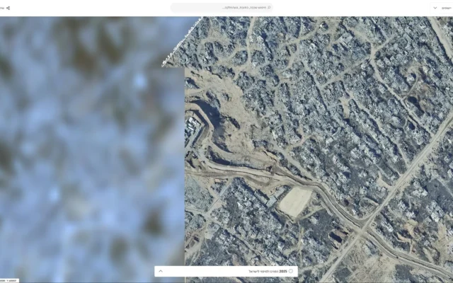 Des images aériennes de 2025 publiées par govmap.gov.il montrant une base militaire israélienne dans les zones non floutées de la partie nord de la bande de Gaza. (Crédit : govmap.gov.il)