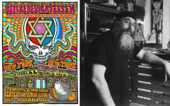 À gauche, l'affiche de l'exposition « Psychedelicatessen », 2026. À droite, l'artiste Steve Marcus dans son atelier de New York, 2018. (Steve Marcus, Sid Kaplan)