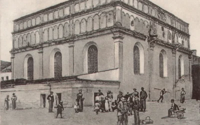 La Grande Synagogue de Brody, en Ukraine, sur une carte postale de 1908. (Crédit : Domaine public)