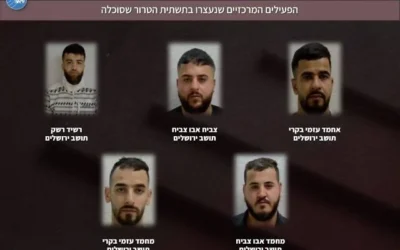 Cinq Palestiniens de Jérusalem inculpés pour leur implication dans un réseau terroriste, selon une infographie publiée par le Shin Bet le 8 septembre 2026. (Crédit : Shin Bet)