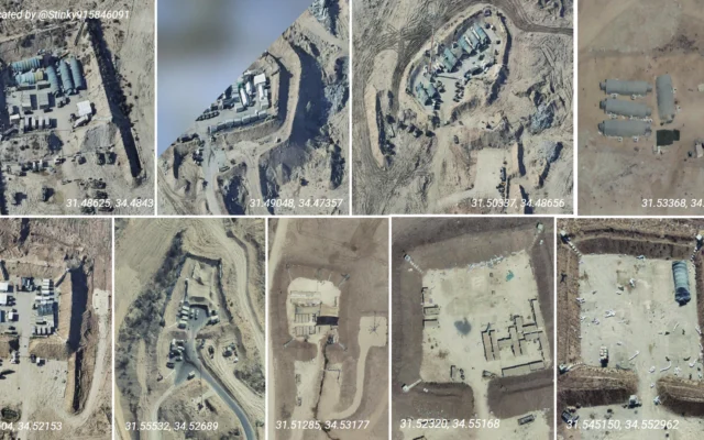 Des images aériennes de 2025 publiées par govmap.gov.il montrant neuf bases militaires israéliennes dans le nord de la bande de Gaza. (Crédits : govmap.gov.il via @Stinky915846091 sur X)