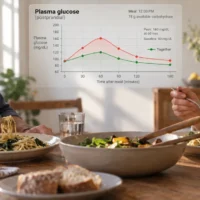 Illustration des effets du fait de manger en compagnie. (Crédit : Shir Atzil/AI Assisted)