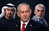 Montage photo (de gauche à droite) : Le président des Émirats arabes unis, Mohammed ben Zayed ; le Premier ministre israélien, Benjamin Netanyahu ; le défunt chef du Hamas, Yahya Sinwar. (Crédits : Mahmud Hams/AFP ; Mandel Ngan/AFP ; Joe Raedle/Getty Images via AFP)
