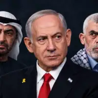Montage photo (de gauche à droite) : Le président des Émirats arabes unis, Mohammed ben Zayed ; le Premier ministre israélien, Benjamin Netanyahu ; le défunt chef du Hamas, Yahya Sinwar. (Crédits : Mahmud Hams/AFP ; Mandel Ngan/AFP ; Joe Raedle/Getty Images via AFP)