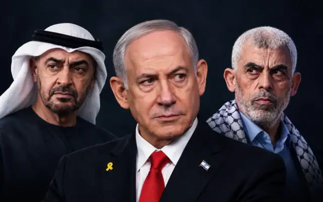 Montage photo (de gauche à droite) : Le président des Émirats arabes unis, Mohammed ben Zayed ; le Premier ministre israélien, Benjamin Netanyahu ; le défunt chef du Hamas, Yahya Sinwar. (Crédits : Mahmud Hams/AFP ; Mandel Ngan/AFP ; Joe Raedle/Getty Images via AFP)