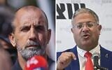 Montage photos (de gauche à droite ) : Le chef de la police israélienne, Daniel Levy, sur les lieux d'une fusillade à Ramle, le 11 mai 2026 ; le ministre de la Sécurité nationale, Itamar Ben Gvir, lors d'une conférence de presse à Tel Aviv, le 4 septembre 2026. (Crédits : Yossi Aloni/Flash90, Avshalom Sassoni/Flash90)