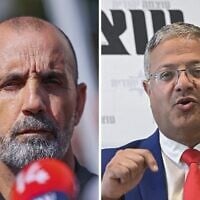 Montage photos (de gauche à droite ) : Le chef de la police israélienne, Daniel Levy, sur les lieux d'une fusillade à Ramle, le 11 mai 2026 ; le ministre de la Sécurité nationale, Itamar Ben Gvir, lors d'une conférence de presse à Tel Aviv, le 4 septembre 2026. (Crédits : Yossi Aloni/Flash90, Avshalom Sassoni/Flash90)