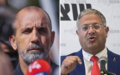 Montage photos (de gauche à droite ) : Le chef de la police israélienne, Daniel Levy, sur les lieux d'une fusillade à Ramle, le 11 mai 2026 ; le ministre de la Sécurité nationale, Itamar Ben Gvir, lors d'une conférence de presse à Tel Aviv, le 4 septembre 2026. (Crédits : Yossi Aloni/Flash90, Avshalom Sassoni/Flash90)