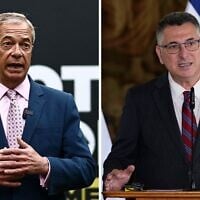 Montage photos (de gauche à droite) : Nigel Farage, chef du parti Reform UK ; Gideon Saar, ministre israélien des Affaires étrangères. (Crédits : Henry Nicholls/AFP ; Petr David Josek/AP)