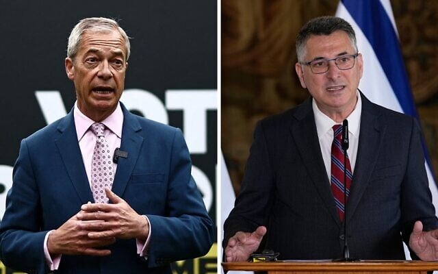 Montage photos (de gauche à droite) : Nigel Farage, chef du parti Reform UK ; Gideon Saar, ministre israélien des Affaires étrangères. (Crédits : Henry Nicholls/AFP ; Petr David Josek/AP)