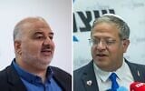 Montage photos (de gauche à droite) : Mansour Abbas, député et chef du parti Raam, présidant une réunion de faction de la Knesset, à Jérusalem, le 11 mai 2026 ; Itamar Ben Gvir, ministre de la Sécurité nationale, présidant une réunion de son groupe parlementaire d’Otzma Yehudit, à la Knesset, le 15 juin 2026. (Crédits : Yonatan Sindel/Flash90)