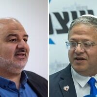 Montage photos (de gauche à droite) : Mansour Abbas, député et chef du parti Raam, présidant une réunion de faction de la Knesset, à Jérusalem, le 11 mai 2026 ; Itamar Ben Gvir, ministre de la Sécurité nationale, présidant une réunion de son groupe parlementaire d’Otzma Yehudit, à la Knesset, le 15 juin 2026. (Crédits : Yonatan Sindel/Flash90)