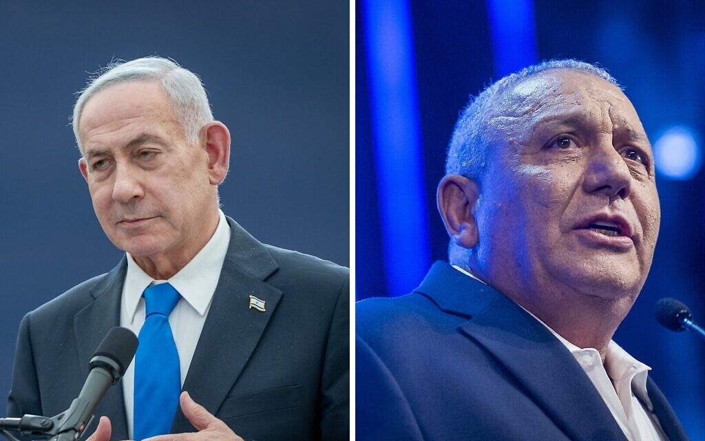 Le Premier ministre Benjamin Netanyahu (à gauche) à Jérusalem le 7 septembre, et le dirigeant du parti Yashar, Gadi Eisenkot, à Rosh HaAyin, le 7 septembre 2026. (Crédit : Chaim Goldberg/FLASH90)