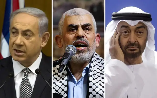Montage photos (de gauche à droite) : Benjamin Netanyahu ; Yahya Sinwar ; Mohamed ben Zayed al-Nahyan. (Crédits : Sebastian Scheiner/AP ; Abed Rahim Khatib/Flash90/Archives ; Markus Schreiber/AP Photo)