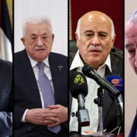 Montage photos (de gauche à droite) : Mohammed Dahlan, le chef de l'Autorité palestinienne Mahmoud Abbas, le secrétaire général du Fatah Jibril Rajoub et le vice-président de l'AP Hussein al-Sheikh. (Crédits : Majdi Mohammed/AP Photo ; Ramil Sitdikov/AFP ; Zain Jaafar/AFP)