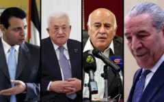 Montage photos (de gauche à droite) : Mohammed Dahlan, le chef de l'Autorité palestinienne Mahmoud Abbas, le secrétaire général du Fatah Jibril Rajoub et le vice-président de l'AP Hussein al-Sheikh. (Crédits : Majdi Mohammed/AP Photo ; Ramil Sitdikov/AFP ; Zain Jaafar/AFP)