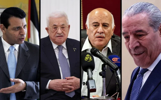 Montage photos (de gauche à droite) : Mohammed Dahlan, le chef de l'Autorité palestinienne Mahmoud Abbas, le secrétaire général du Fatah Jibril Rajoub et le vice-président de l'AP Hussein al-Sheikh. (Crédits : Majdi Mohammed/AP Photo ; Ramil Sitdikov/AFP ; Zain Jaafar/AFP)