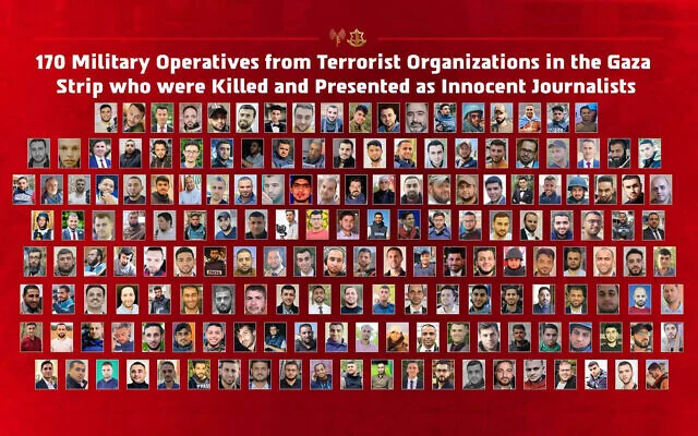 Composite des visages de 170 Gazaouis qui, selon l'armée israélienne, se faisaient passer pour des journalistes lors qu'ils étaient membres d'organisations terroristes, le 1er octobre 2026. (Armée israélienne)