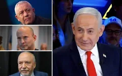 Le Premier ministre Benjamin Netanyahu (à droite) interviewé sur la Quatorzième chaîne, pro-gouvernement, le 13 octobre 2026. (Crédit : Capture d’écran) ; (à gauche, de haut en bas) Gadi Eisenkot, président du parti Yashar, lors d’une conférence destinée aux jeunes à Jérusalem, le 11 octobre 2026. (Crédit : Yonatan Sindel/Flash90) ; l’ancien Premier ministre Naftali Bennett, président du parti Beyahad, à Herzliya, le 23 septembre 2026. (Crédit : Avshalom Sassoni/Flash90) ; le président du parti Yisrael Beytenu, Avigdor Liberman. (Crédit : Gili Yaari/Flash90)