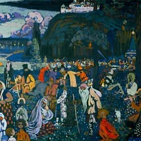 Le tableau La Vie colorée (1907), de l’artiste russe Wassily Kandinsky, sur une photographie fournie par le musée Lenbachhaus de Munich, en Allemagne, sans date. (Crédit : Musée Lenbachhaus/AP)