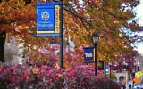 Feuillage d'automne encadrant des bannières sur le campus de l'université de Pittsburgh, le 10 novembre 2025. (AP Photo/Gene J. Puskar)