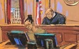 Sur ce croquis réalisé au tribunal, le juge Alvin K. Hellerstein, à droite, préside les débats tandis que Brigitte Jones, greffière, est assise sous le banc, pendant l'audience préliminaire d'une affaire de trafic de drogue impliquant l'ancien président vénézuélien Nicolás Maduro et son épouse Cilia Flores, le 22 juillet 2026, au tribunal fédéral de Manhattan, à New York. (Jane Rosenberg via AP)