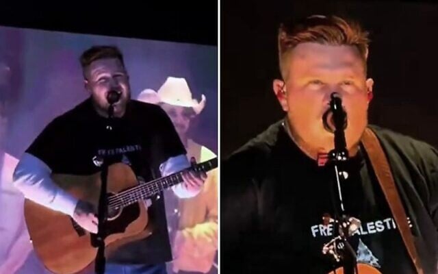 Captures d'écran tirées d'une vidéo montrant le chanteur de country Zach Bryan portant un t-shirt « Free Palestine » lors de son concert au Gillette Stadium, près de Boston, le 2 octobre 2026. (X : utilisé conformément à l'article 27a de la loi sur le droit d'auteur) Captures d'écran tirées d'une vidéo montrant le chanteur de country Zach Bryan portant un t-shirt « Free Palestine » lors de son concert au Gillette Stadium, près de Boston, le 2 octobre 2026. (X : utilisé conformément à l'article 27a de la loi sur le droit d'auteur)