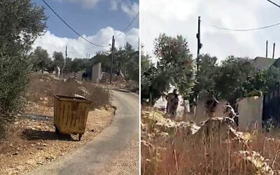 Capture d’écran d’une vidéo montrant des personnes masquées lançant des pierres dans le village de Yasuf, en Cisjordanie, le 1ᵉʳ octobre 2026. (Crédit : X ; utilisée conformément à la clause 27a de la loi sur le droit d’auteur) Capture d’écran d’une vidéo montrant des personnes masquées lançant des pierres dans le village de Yasuf, en Cisjordanie, le 1ᵉʳ octobre 2026. (Crédit : X ; utilisée conformément à la clause 27a de la loi sur le droit d’auteur)
