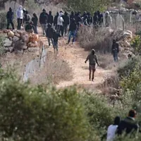 Des résidents d'implantation juifs extrémistes masqués affrontant des Palestiniens lors de la récolte annuelle des olives dans le village d’Abu Falah, près de Ramallah en Cisjordanie, où plusieurs personnes, dont la photojournaliste américaine Heidi Levine, ont été blessées lors d’une attaque menée par des résidents d'implantation, le 16 octobre 2026. (Crédit : Flash90)