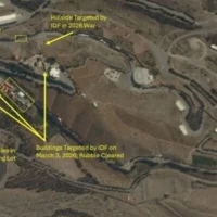 Une image satellite du site nucléaire de Minzadehei, près de Téhéran, comportant des annotations indiquant les frappes de l'armée israélienne et la reconstruction qui a suivi. (Crédit : Institute for Science and International Security/Vantor Technologies)