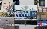 Des synagogues dégradées par des graffitis anti-Israël, dans le sens des aiguilles d'une montre à partir d'en haut à gauche : Minneapolis (Minnesota), Olney (Maryland), Barcelone (Espagne), Wynnewood (Pennsylvanie) et Los Angeles (Californie). (Lonny Goldsmith/TC Jewfolk ; fbi.gov ; Comunidad Judía de Barcelona ; Jada Eldrich et Lisa Daftari/Twitter)