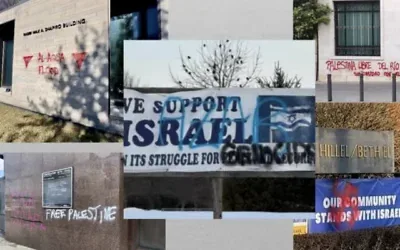 Des synagogues dégradées par des graffitis anti-Israël, dans le sens des aiguilles d'une montre à partir d'en haut à gauche : Minneapolis (Minnesota), Olney (Maryland), Barcelone (Espagne), Wynnewood (Pennsylvanie) et Los Angeles (Californie). (Lonny Goldsmith/TC Jewfolk ; fbi.gov ; Comunidad Judía de Barcelona ; Jada Eldrich et Lisa Daftari/Twitter)