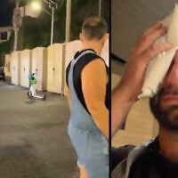 À gauche, des images de l’agression survenue au port de Jaffa, dans la nuit du 13 au 14 octobre 2026. À droite, la victime, Idan Trachtengerts, le visage blessé, une poche de glace sur l’œil. (Crédit : Alimut Israel/X)