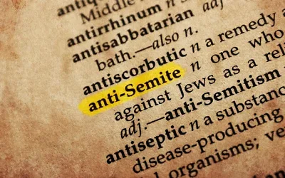 Le mot « antisémite » dans un ancien dictionnaire à la couverture texturée. Illustration. (Crédit : goglik83/iStock via Getty Images)