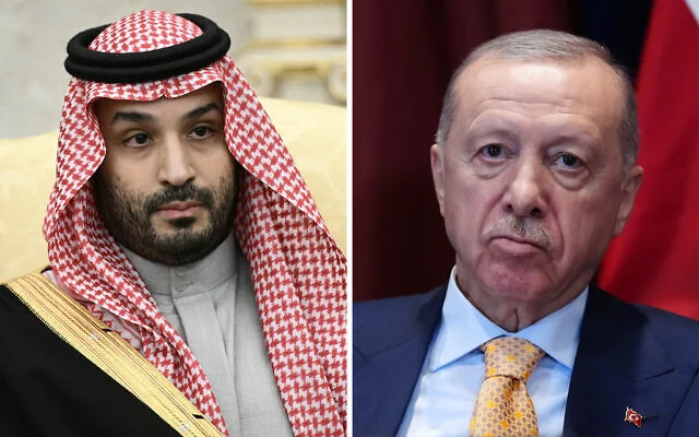 Montage photo (de gauche à droite) : Le prince héritier saoudien Mohammed ben Salmane ; le président turc Recep Tayyip Erdogan (Crédits : Brendan Smialowski/AFP ; Julia Demaree Nikhinson/AP) Montage photo (de gauche à droite) : Le prince héritier saoudien Mohammed ben Salmane ; le président turc Recep Tayyip Erdogan (Crédits : Brendan Smialowski/AFP ; Julia Demaree Nikhinson/AP)