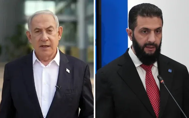 Le Premier ministre Benjamin Netanyahu fait une déclaration le 7 octobre 2023 à Tel-Aviv. (Capture d’écran/Benjamin Netanyahu via X) ; le président syrien Ahmad al-Sharaa s’exprime lors d’une conférence de presse après le sommet de l’UE à Nicosie, à Chypre, le vendredi 24 avril 2026. (Crédit : AP/Petros Karadjias)