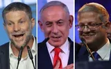 Bezalel Smotrich, chef du parti HaTzionout HaDatit, le Premier ministre Benjamin Netanyahu et Itamar Ben Gvir, chef d’Otzma Yehudit, s’adressent à leurs partisans à l’issue des élections législatives israéliennes du 27 octobre 2026. (Crédits : Chaim Goldberg/Flash90, Jewel Samad/AFP et Leo Correa/AP)