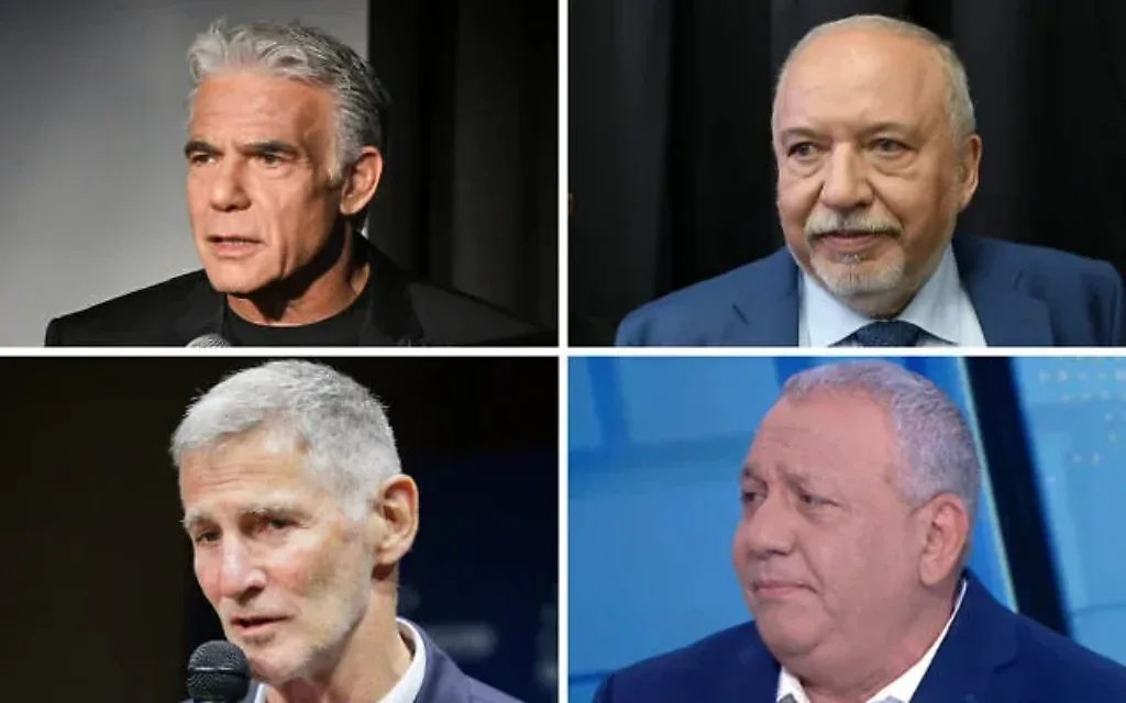 Dans le sens des aiguilles d'une montre à partir du haut à gauche : Yaïr Lapid, Avigdor Liberman, Gadi Eisenkot, Yair Golan. (Crédits : Avshalom Sassoni/FLASH90, Gili Yaari/Flash90, Tal Gal/Flash90, Capture d'écran/N12)