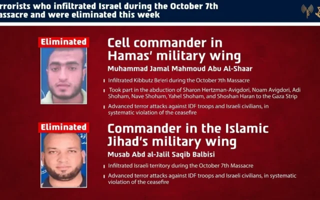 Une illustration de Tsahal représentant deux terroristes qui, selon l’armée israélienne, ont récemment été éliminés lors de frappes à Gaza, le 1ᵉʳ octobre 2026. (Crédit : Armée israélienne