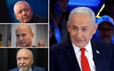 Le Premier ministre Benjamin Netanyahu (à droite) interviewé sur la Quatorzième chaîne, pro-gouvernement, le 13 octobre 2026. (Crédit : Capture d’écran) ; (à gauche, de haut en bas) Gadi Eisenkot, président du parti Yashar, lors d’une conférence destinée aux jeunes à Jérusalem, le 11 octobre 2026. (Crédit : Yonatan Sindel/Flash90) ; l’ancien Premier ministre Naftali Bennett, président du parti Beyahad, à Herzliya, le 23 septembre 2026. (Crédit : Avshalom Sassoni/Flash90) ; le président du parti Yisrael Beytenu, Avigdor Liberman. (Crédit : Gili Yaari/Flash90)